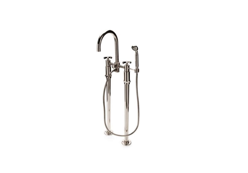 Henry Exposed Floor Mounted Tub Filler With Handshower and Metal Cross Handles